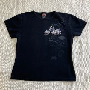 Harley Davidson Womens XL Black Rhinestone Motorcycle T‎ Shirt Bikercore Graphic